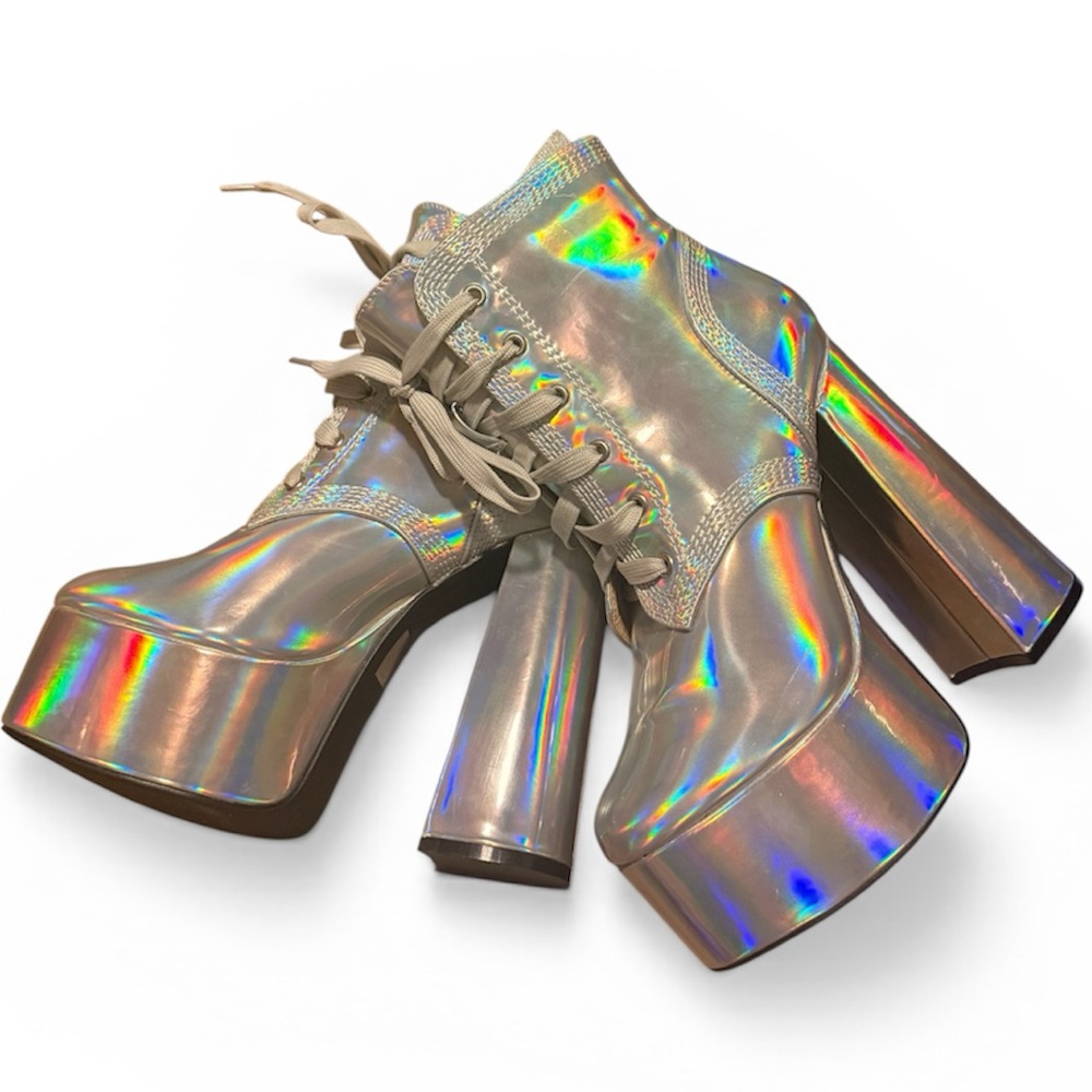 Dolls Kill N.Y. L.A. Holographic Platform Lace-Up Heeled Boots - Iridescent